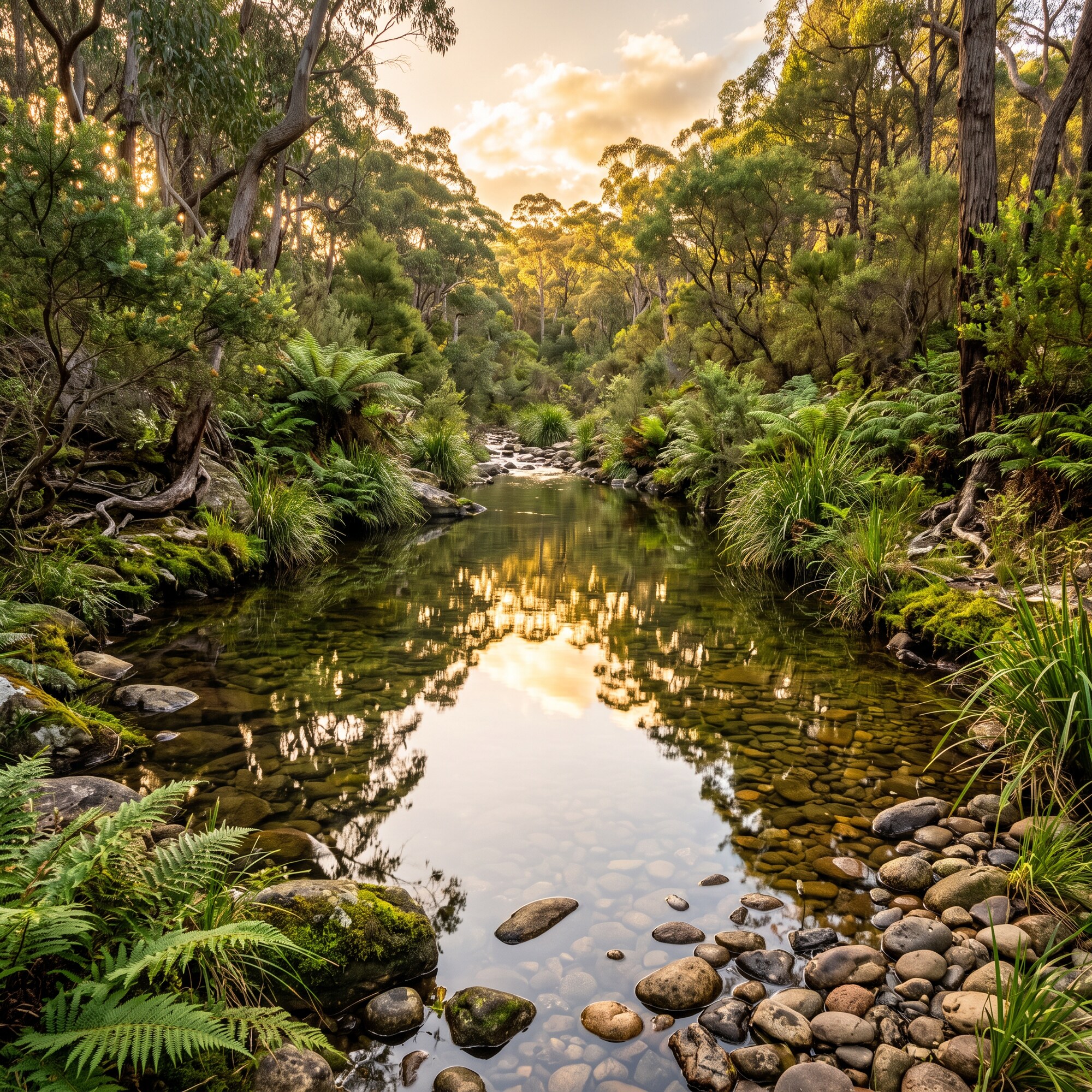 Peaceful reflective creek in bushland with smooth stones