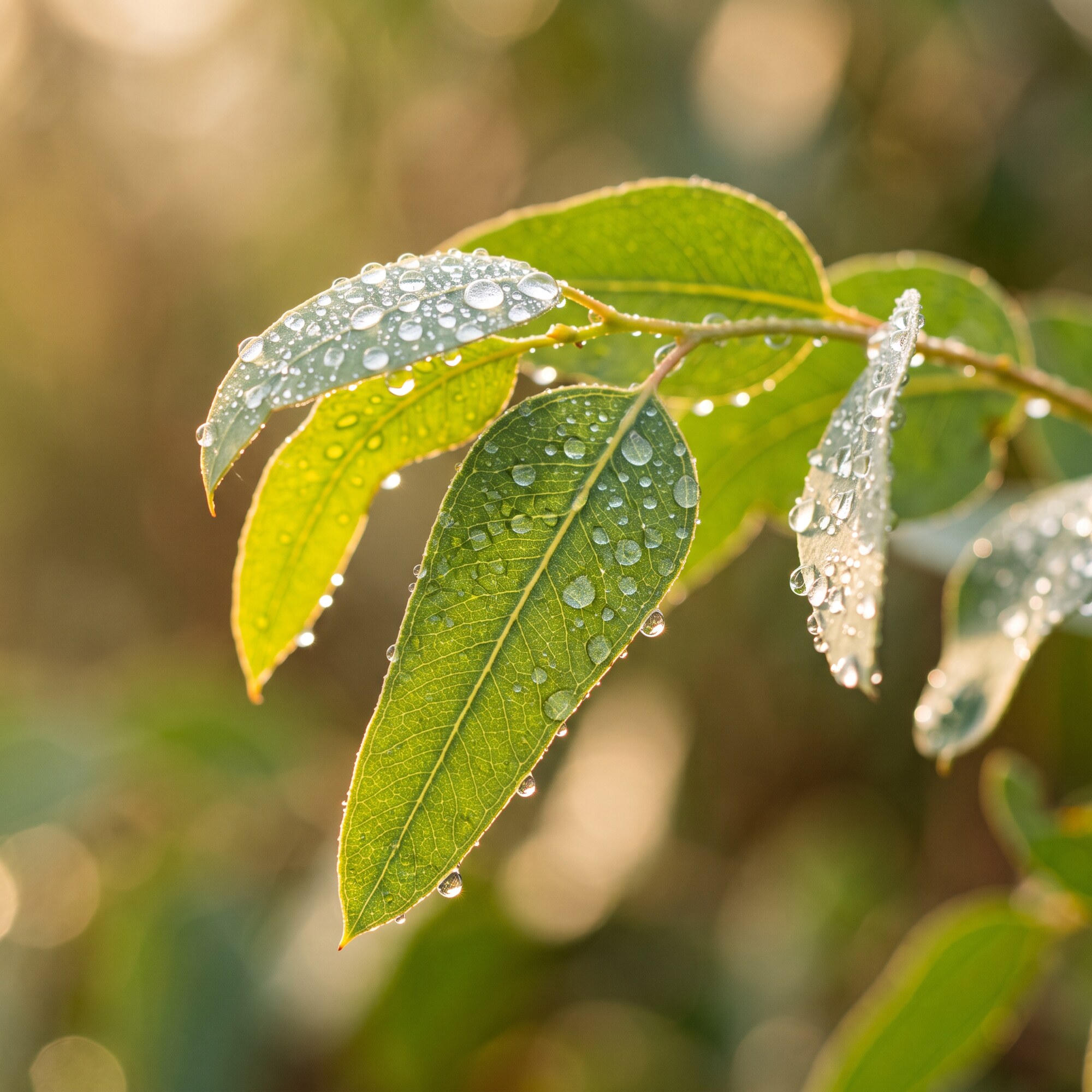 Fresh eucalyptus leaves with morning dew in warm golden light