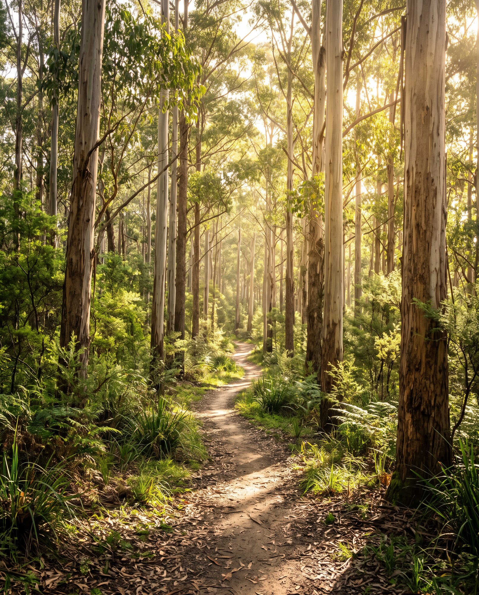 Tranquil forest path winding through tall eucalyptus trees with warm sunlight