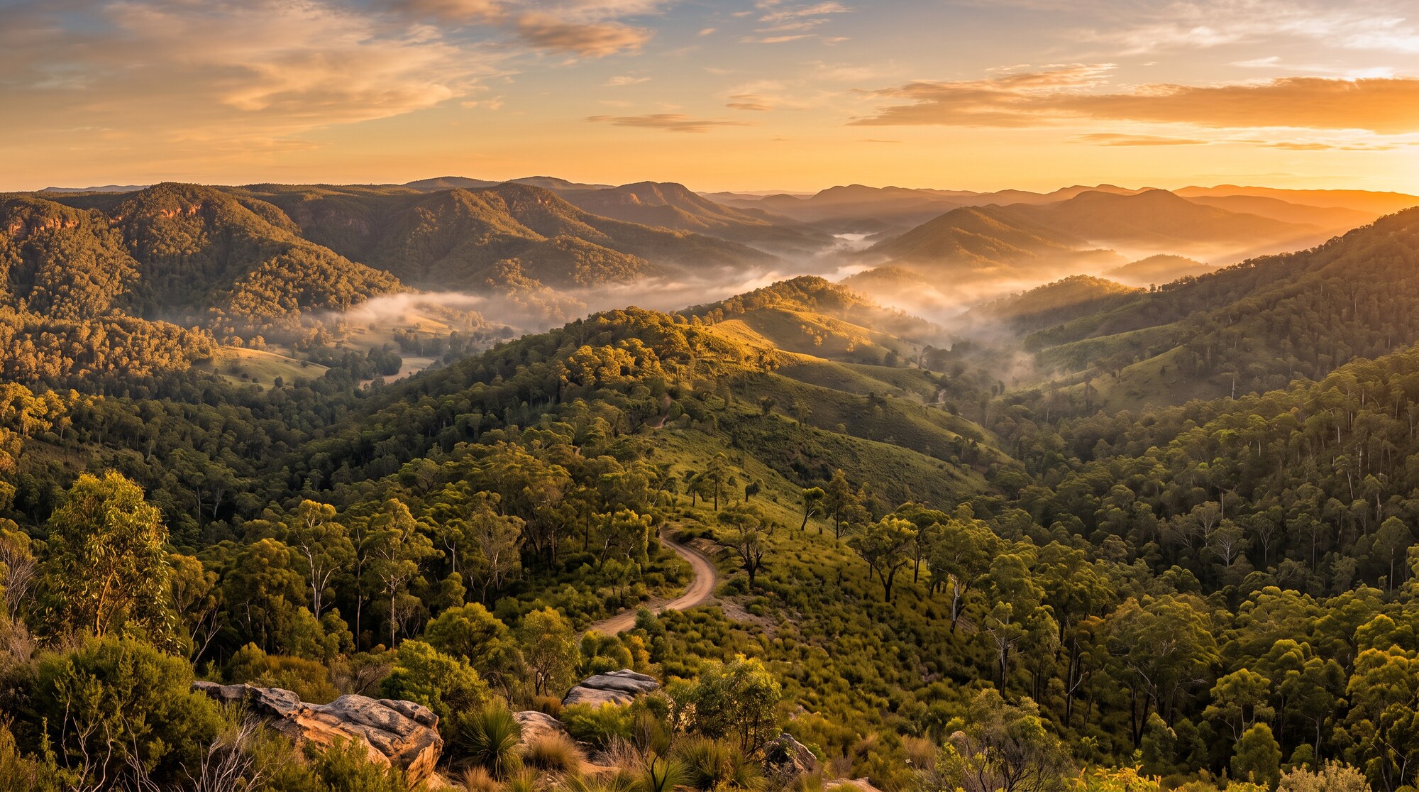 Breathtaking golden-hour view over Australian bushland and rolling misty hills