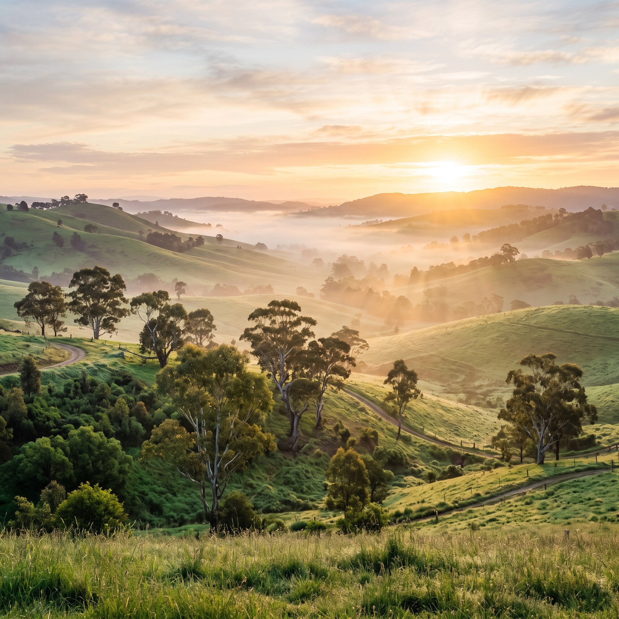 Serene misty sunrise over rolling green Victorian hills