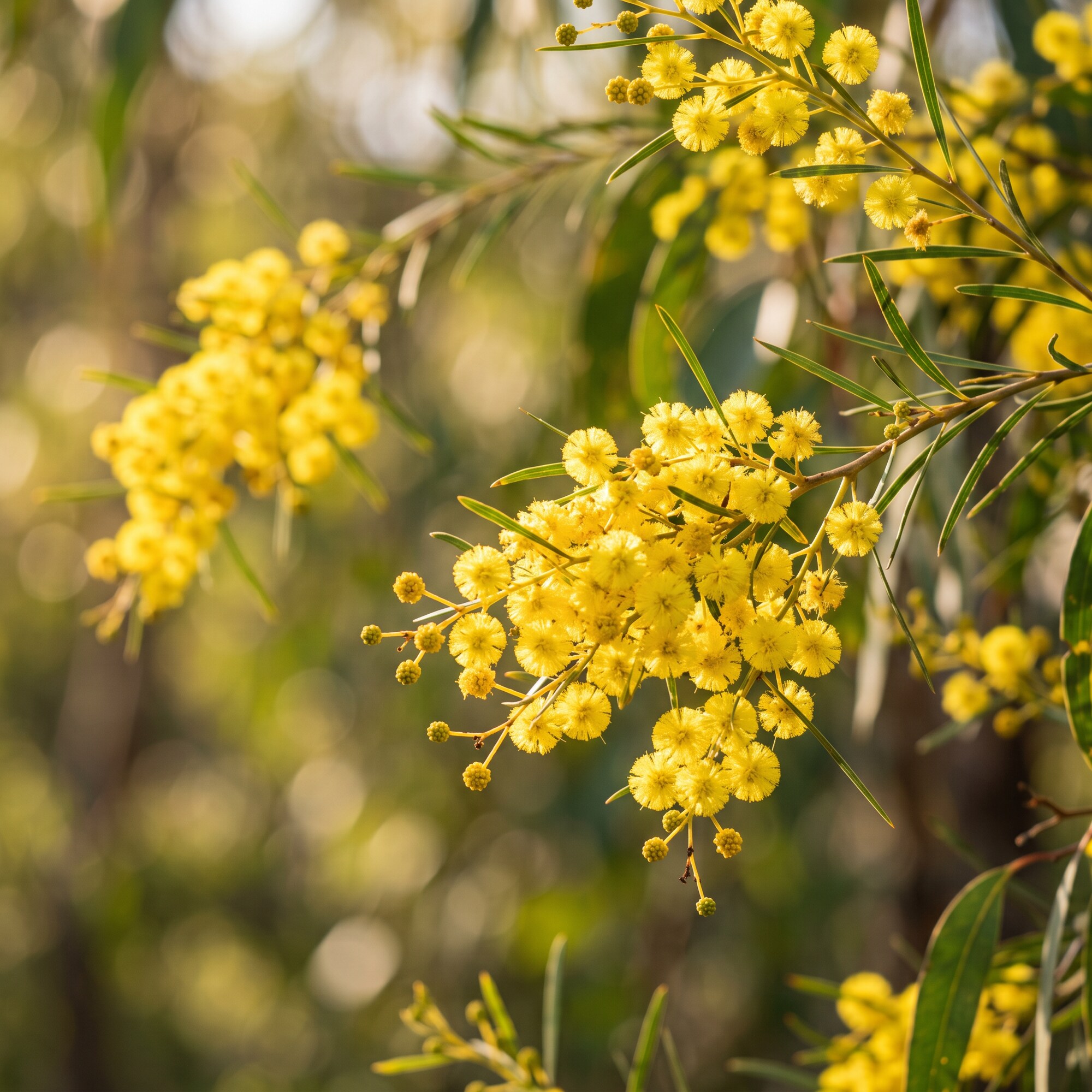Delicate native Australian golden wattle blossoms in bloom