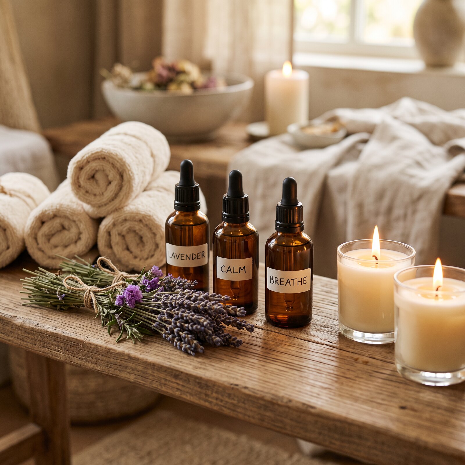 Aromatherapy essential oils, lavender and candles