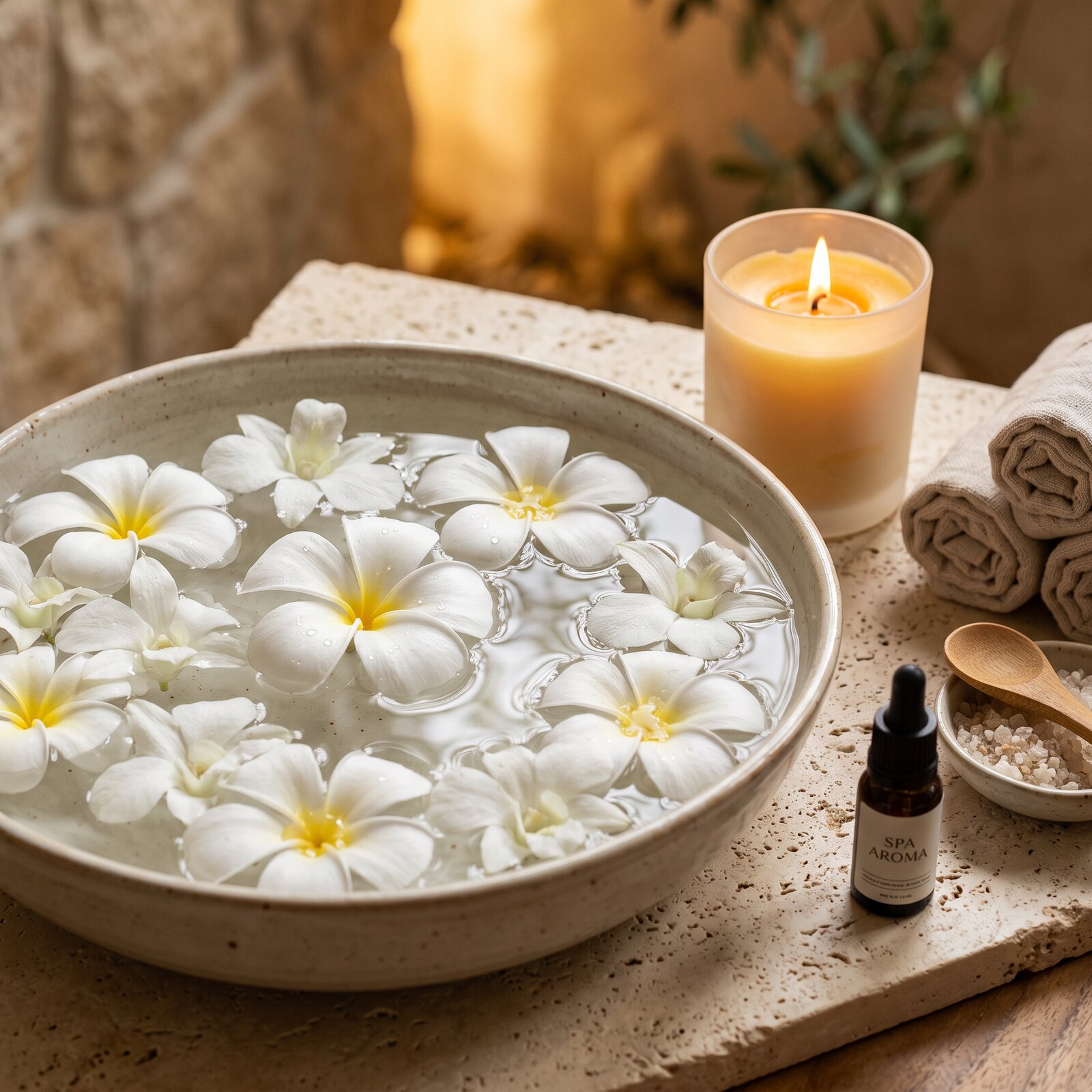 Frangipani flowers floating in water with soft candlelight