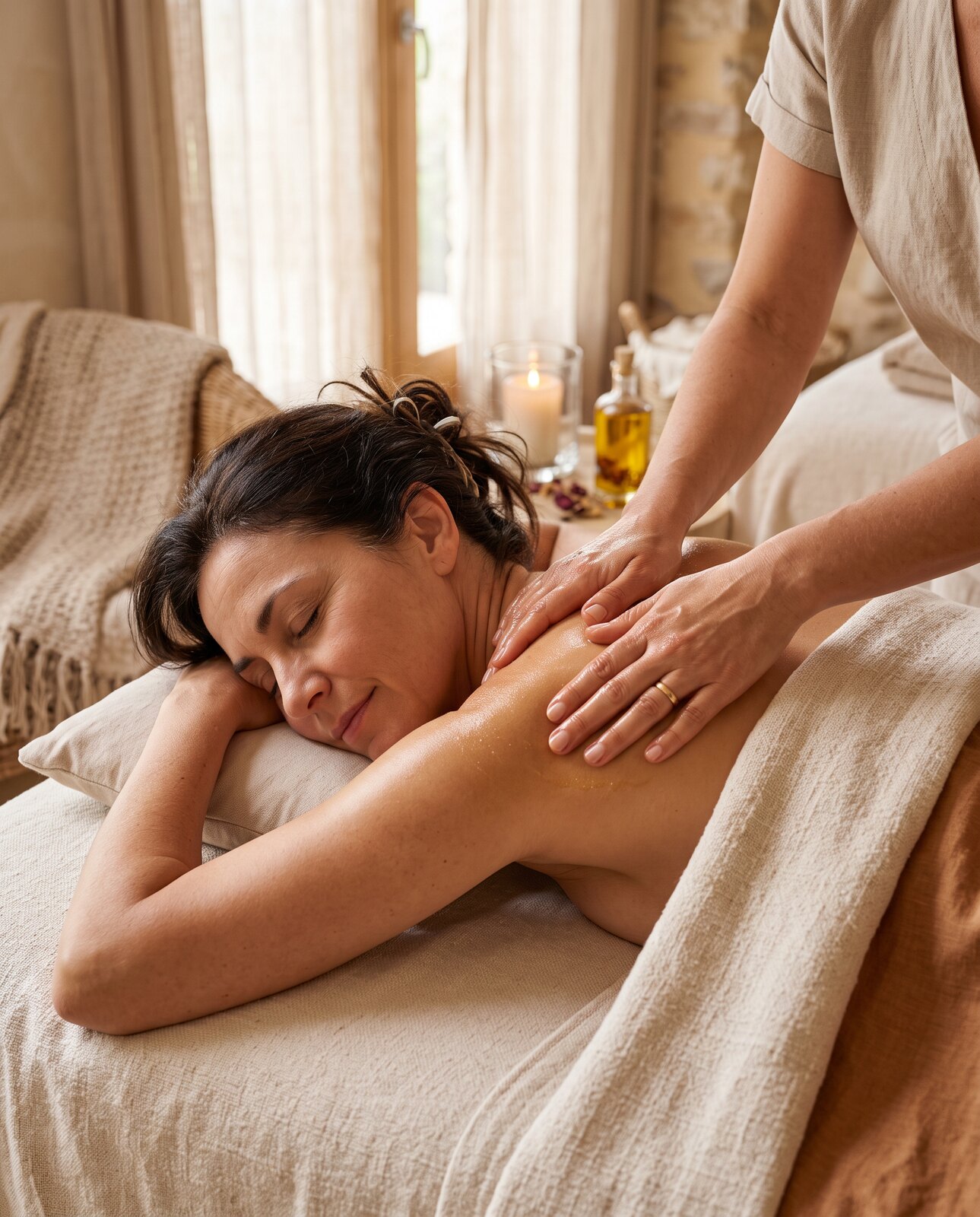 Woman receiving a soothing warm-oil massage in a luxurious spa