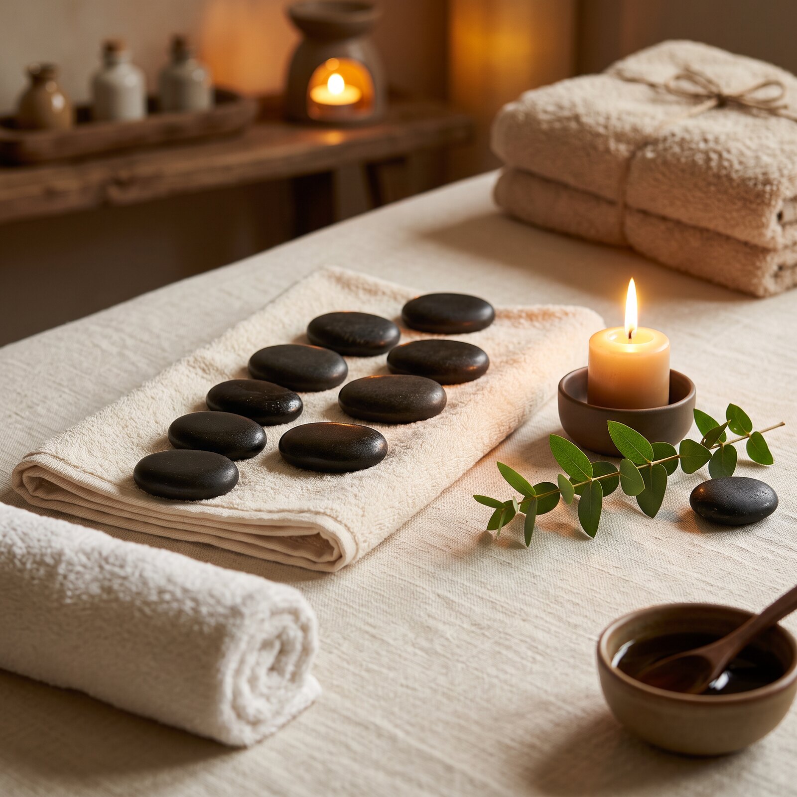 Warm hot stone massage therapy arrangement