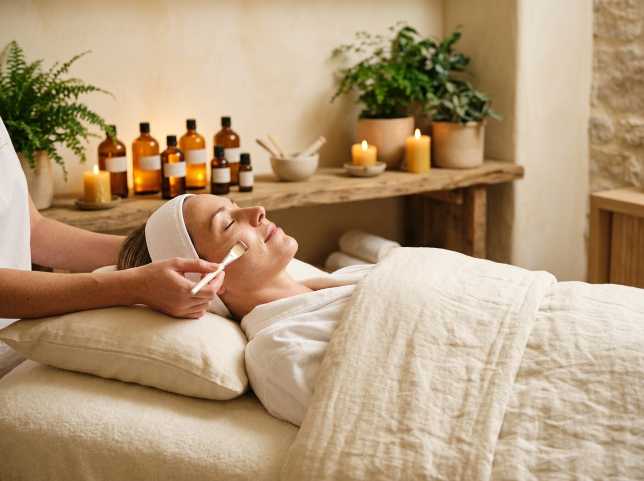 Facial treatment being performed in a serene spa room