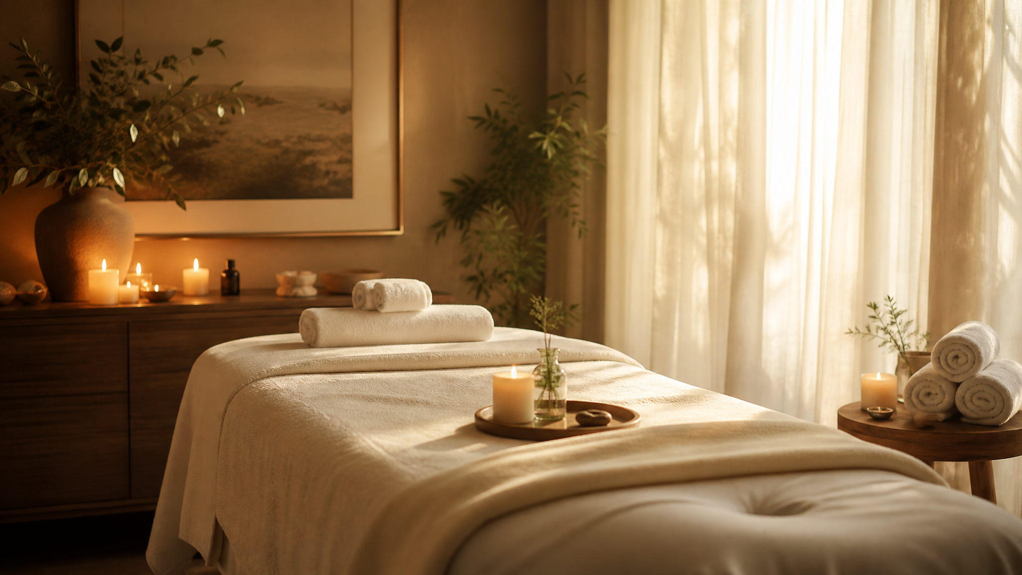 Warm, candlelit treatment room at 6 Sens Wellness & Spa