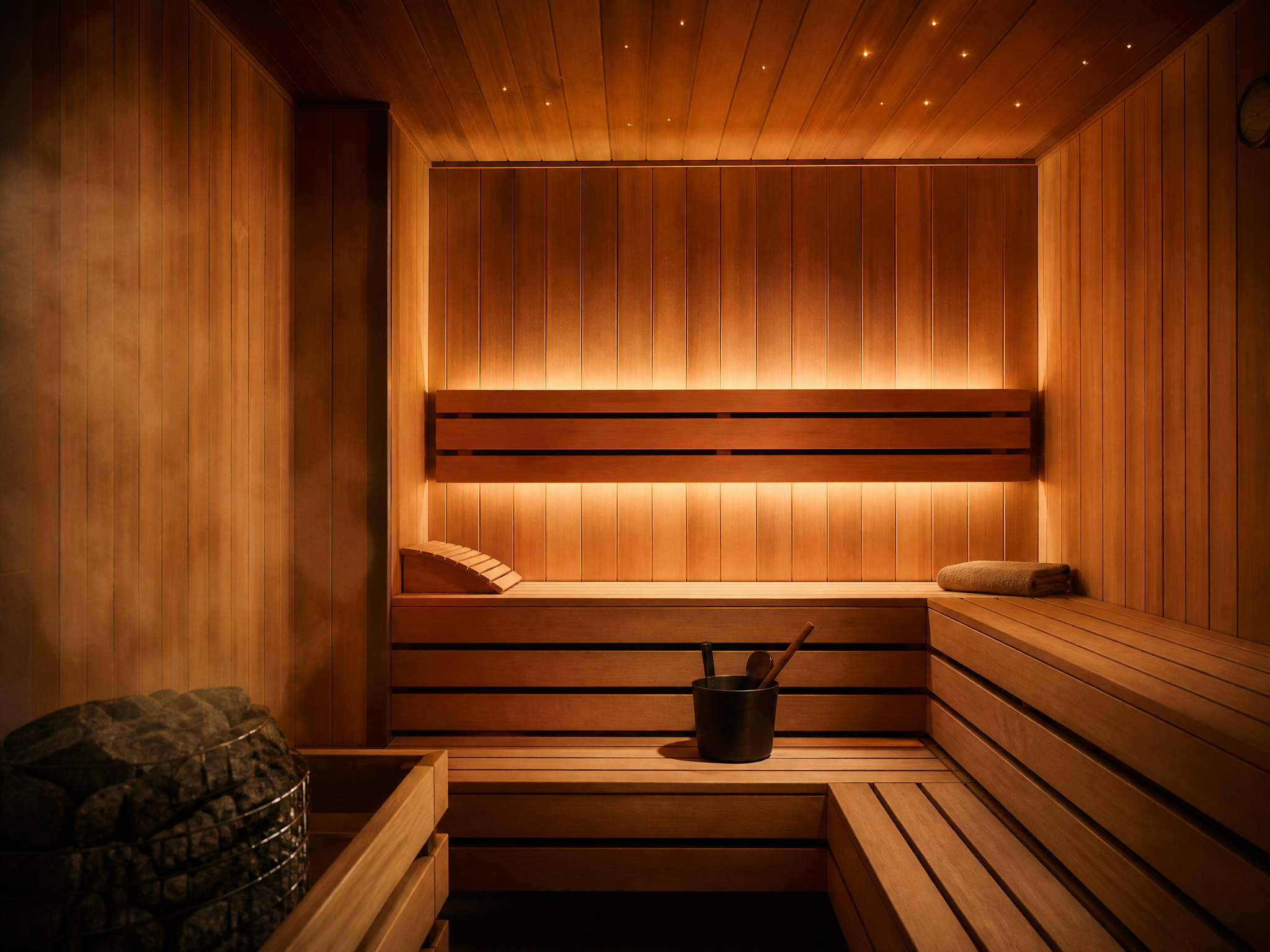 Warm wooden sauna interior at 6 Sens Wellness & Spa